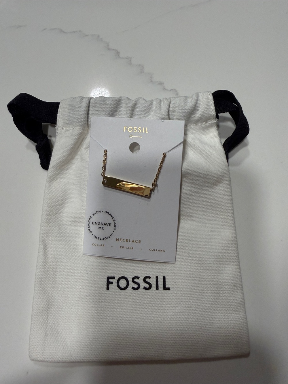 Fossil Gold Bar Pendant Necklace with White Canvas Pouch